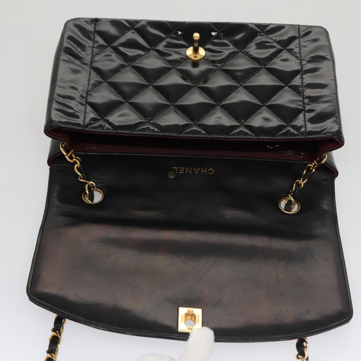 CHANEL Matelasse 25 Chain Diana Shoulder Bag Patent Black Gold CC 99928