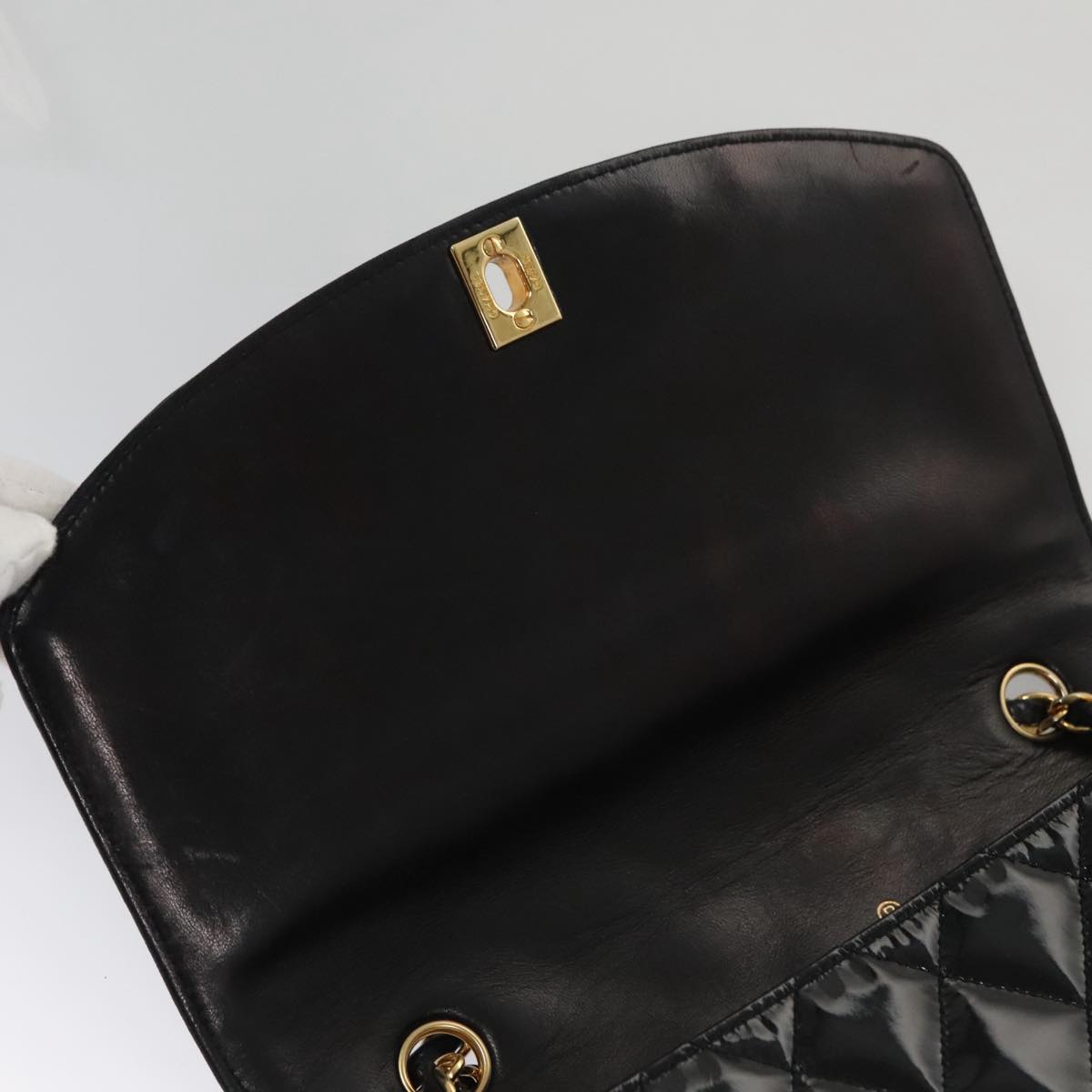 CHANEL Matelasse 25 Chain Diana Shoulder Bag Patent Black Gold CC 99928