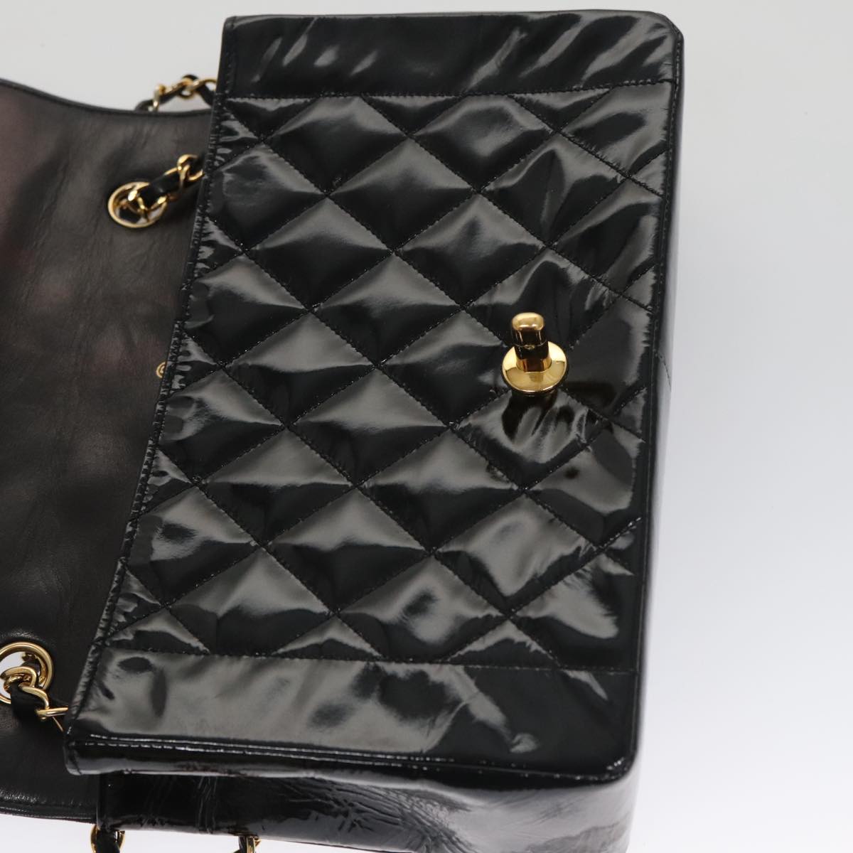 CHANEL Matelasse 25 Chain Diana Shoulder Bag Patent Black Gold CC 99928