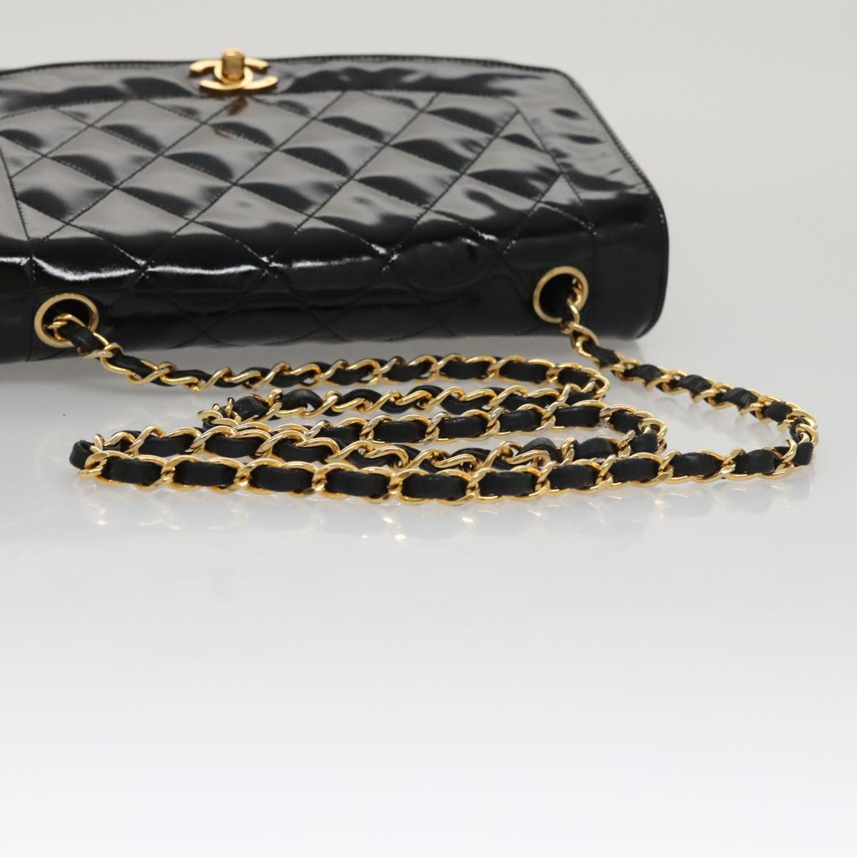 CHANEL Matelasse 25 Chain Diana Shoulder Bag Patent Black Gold CC 99928