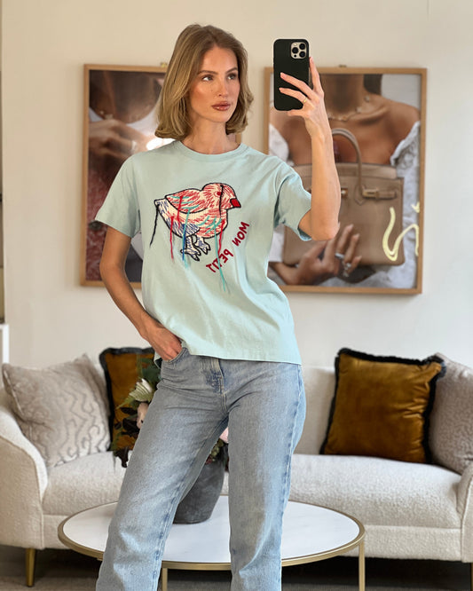 Gucci Baby Blue Cotton T Shirt with Embroidered Bird Size S (UK 8)