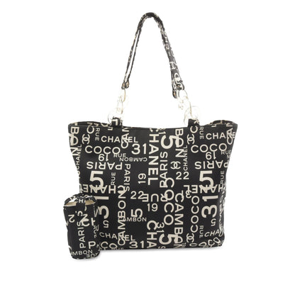 Black Chanel By the Sea Line Coco Print Canvas Beach Tote