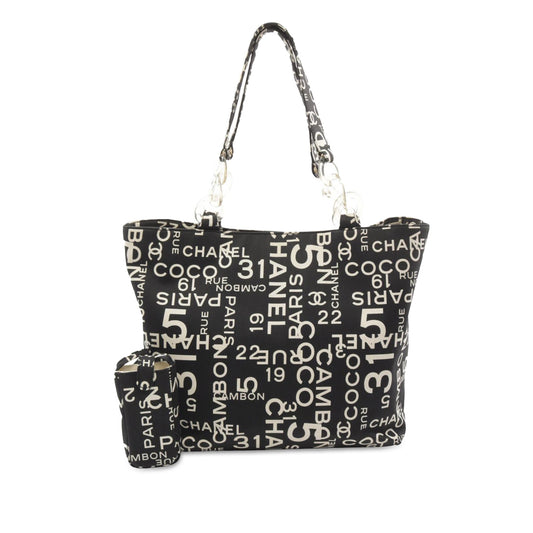 Black Chanel By the Sea Line Coco Print Canvas Beach Tote