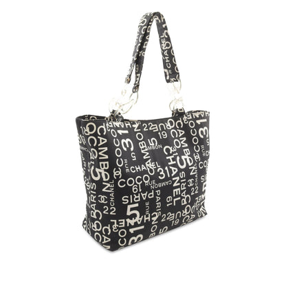 Black Chanel By the Sea Line Coco Print Canvas Beach Tote