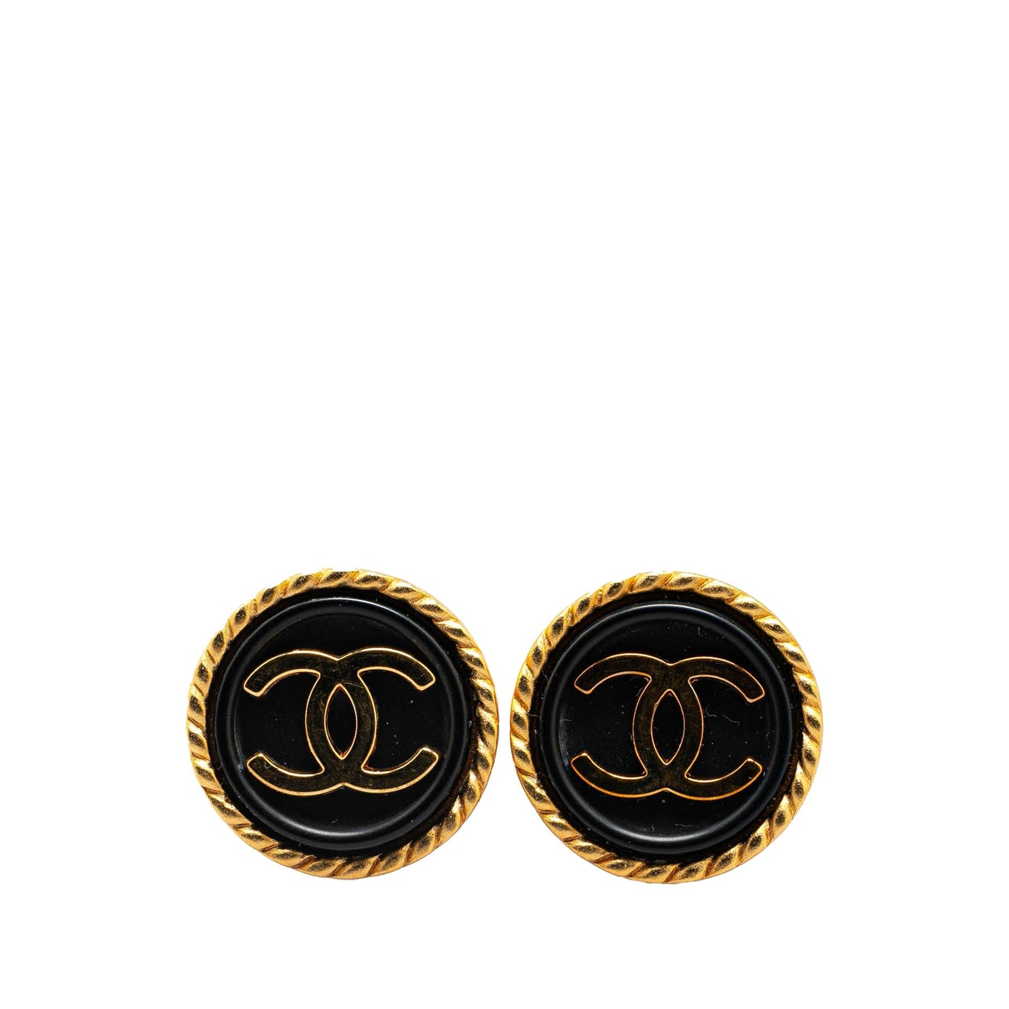 Gold Chanel Gold Plated Acrylic CC Button Clip On Earrings