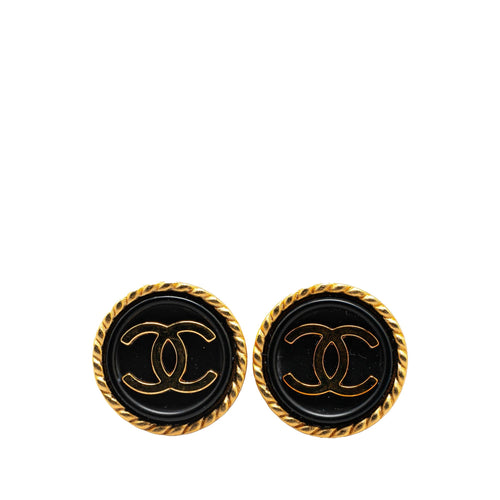 Gold Chanel Gold Plated Acrylic CC Button Clip On Earrings