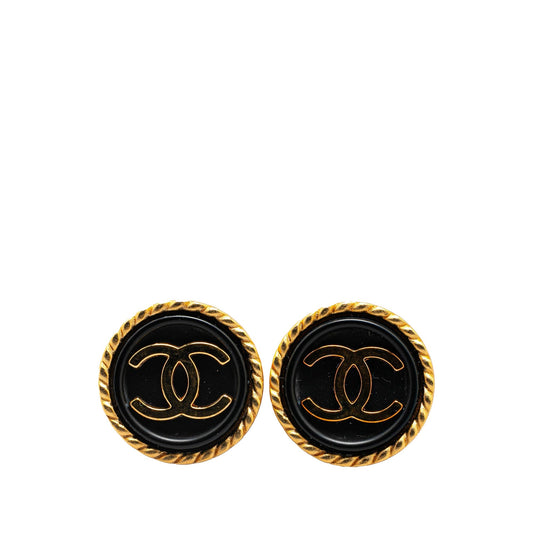 Gold Chanel Gold Plated Acrylic CC Button Clip On Earrings