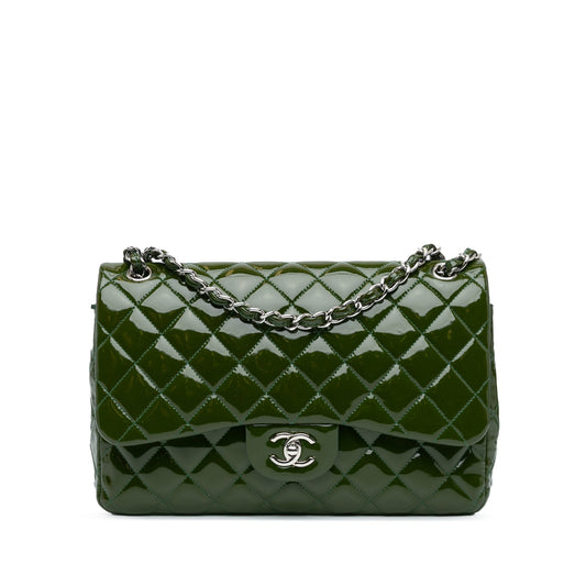 Green Chanel Jumbo Classic Patent Double Flap Shoulder Bag