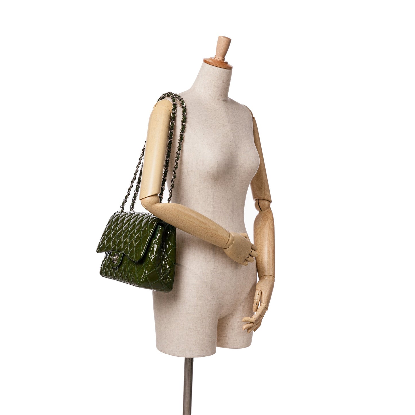 Green Chanel Jumbo Classic Patent Double Flap Shoulder Bag