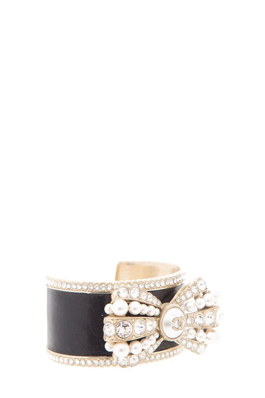 Chanel Black Rhinestone & Pearl Bow Cuff Bracelet