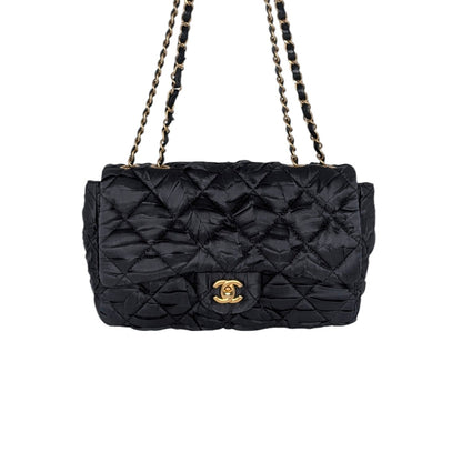 Chanel Black Satin Quilted Pleated Medium Single Flap