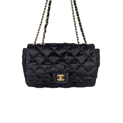 Chanel Black Satin Quilted Pleated Medium Single Flap