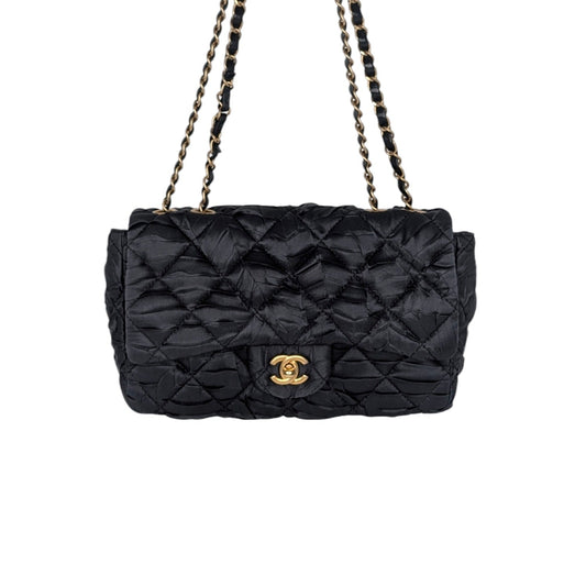 Chanel Black Satin Quilted Pleated Medium Single Flap
