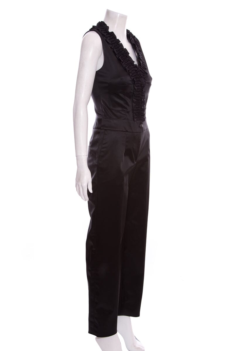 Chanel Black Satin Sleeveless Ruffle Jumpsuit SZ 38
