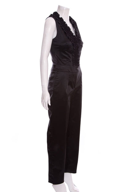Chanel Black Satin Sleeveless Ruffle Jumpsuit SZ 38
