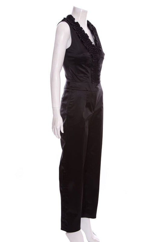 Chanel Black Satin Sleeveless Ruffle Jumpsuit SZ 38