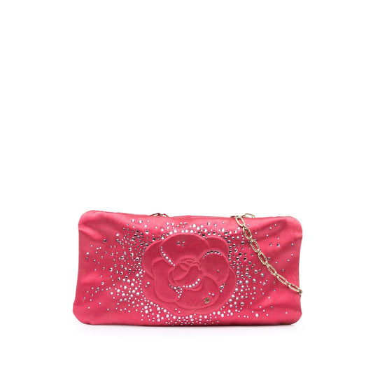 Chanel Sac Satin Diamante Camellia Clutch with Chain