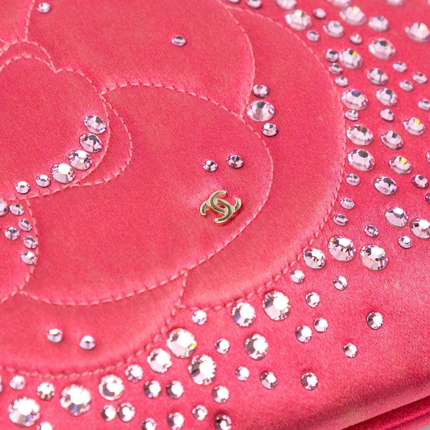 Chanel Sac Satin Diamante Camellia Clutch with Chain