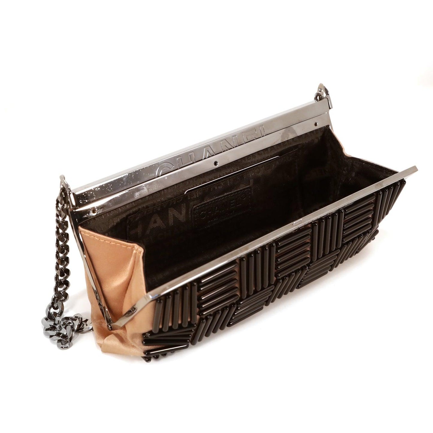 Chanel Beige Satin Applique Frame Bag