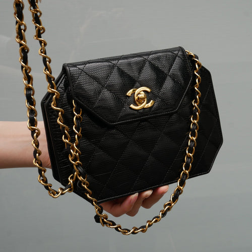 CHANEL 1989-1991 Black Lizard Octagonal Flap Bag
