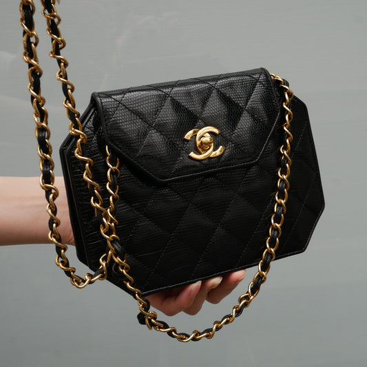 CHANEL 1989-1991 Black Lizard Octagonal Flap Bag