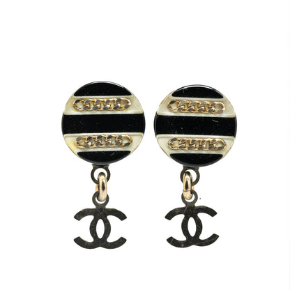 Black Chanel Resin CC Chain Drop Push Back Earrings