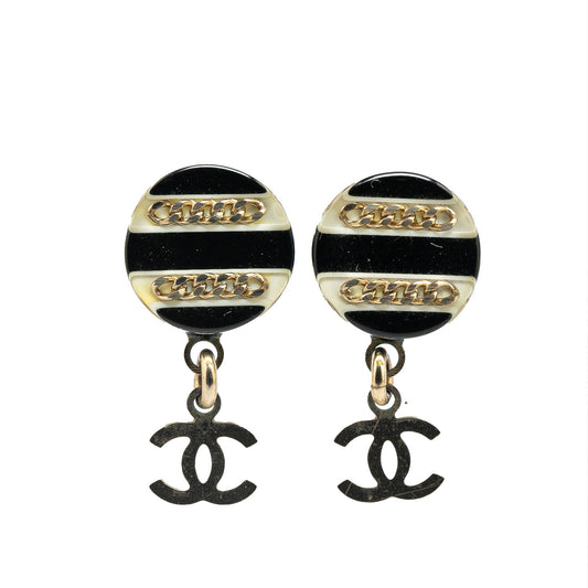 Black Chanel Resin CC Chain Drop Push Back Earrings