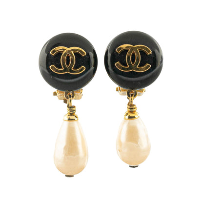 Black Chanel Gold Plated CC Drop Faux Pearl Clip On Earrings