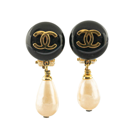 Black Chanel Gold Plated CC Drop Faux Pearl Clip On Earrings