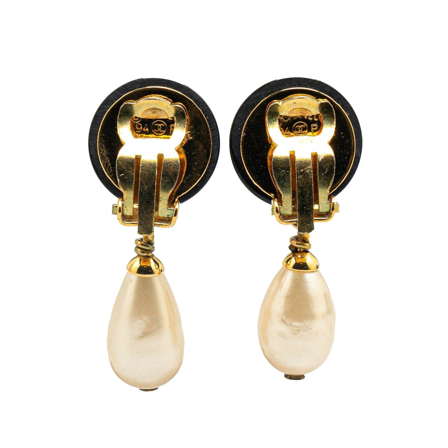 Black Chanel Gold Plated CC Drop Faux Pearl Clip On Earrings