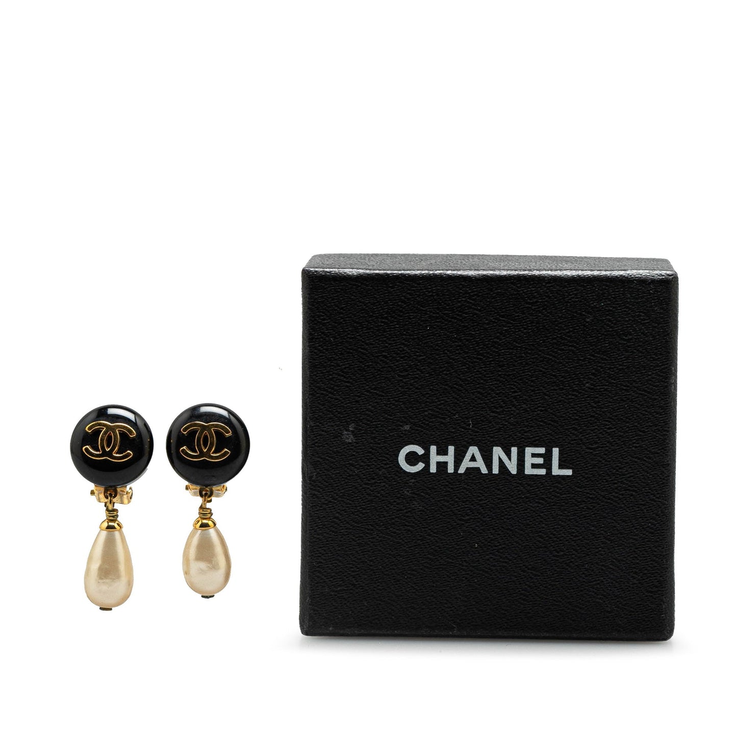 Black Chanel Gold Plated CC Drop Faux Pearl Clip On Earrings