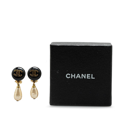 Black Chanel Gold Plated CC Drop Faux Pearl Clip On Earrings