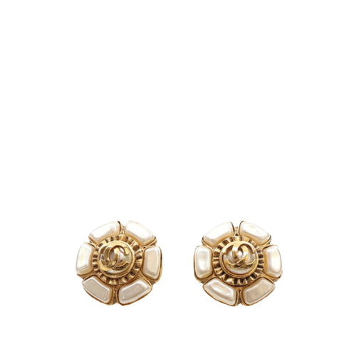 Gold Chanel Gold Plated Faux Pearl Flower Clip On Earrings