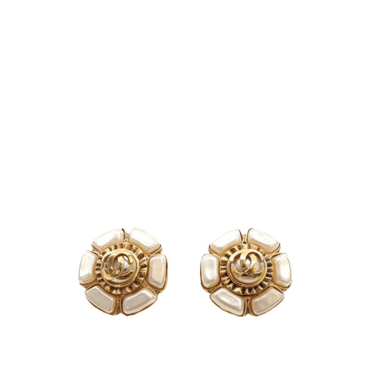 Gold Chanel Gold Plated Faux Pearl Flower Clip On Earrings