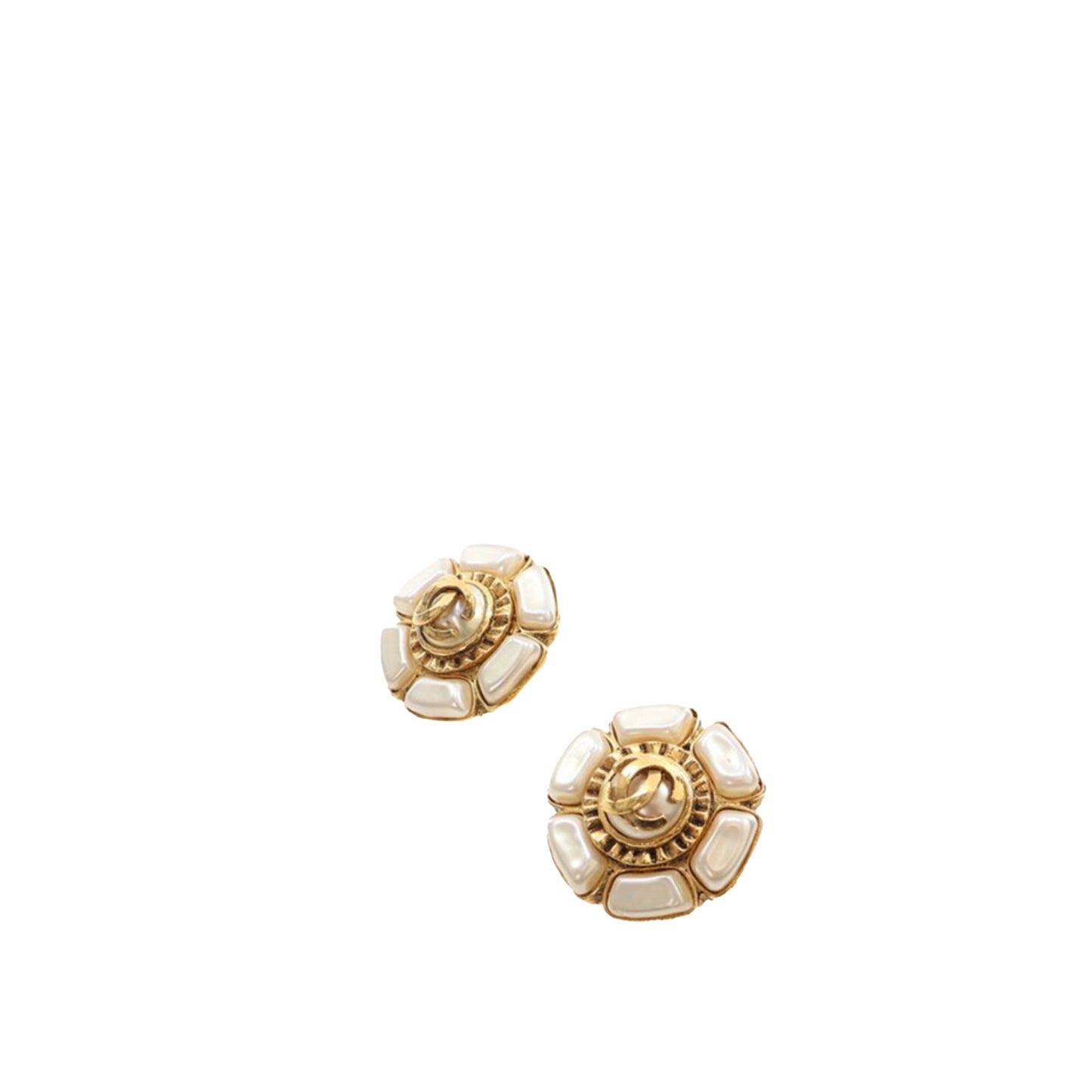 Gold Chanel Gold Plated Faux Pearl Flower Clip On Earrings