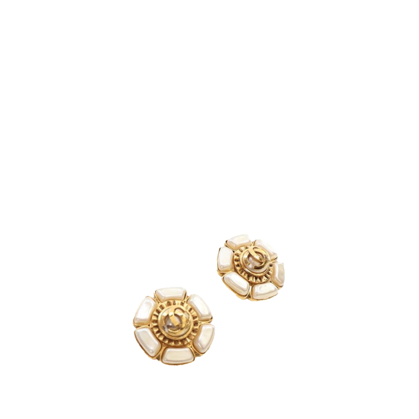 Gold Chanel Gold Plated Faux Pearl Flower Clip On Earrings