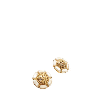 Gold Chanel Gold Plated Faux Pearl Flower Clip On Earrings