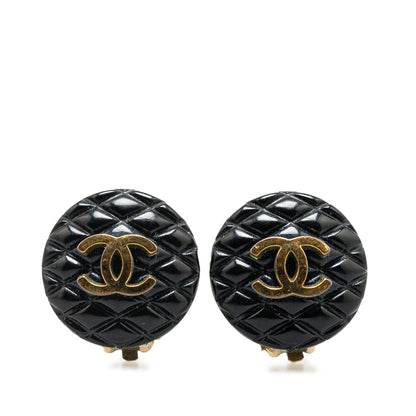 Black Chanel Resin Quilted CC Button Clip On Earrings