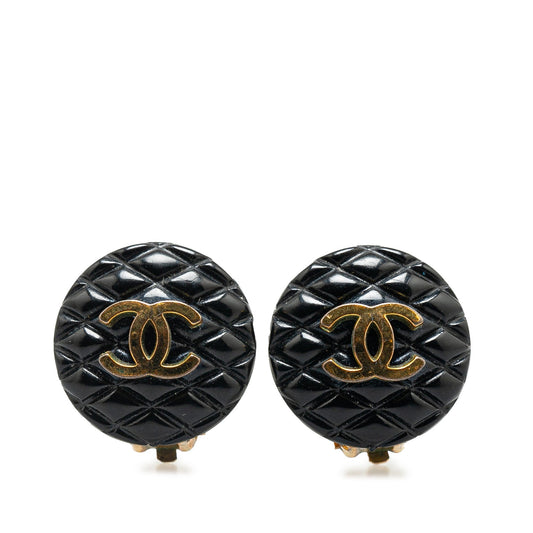Black Chanel Resin Quilted CC Button Clip On Earrings