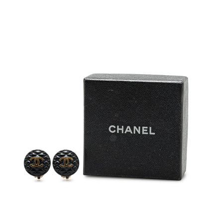 Black Chanel Resin Quilted CC Button Clip On Earrings