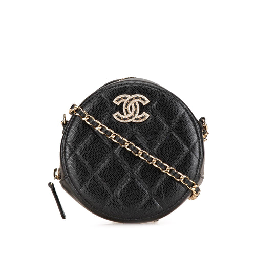 Black Chanel Quilted Caviar Crystal CC Round Clutch With Chain Crossbody Bag