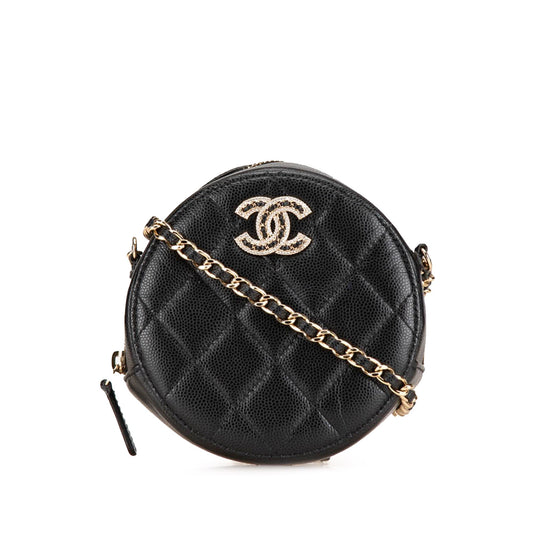 Black Chanel Quilted Caviar Crystal CC Round Clutch With Chain Crossbody Bag
