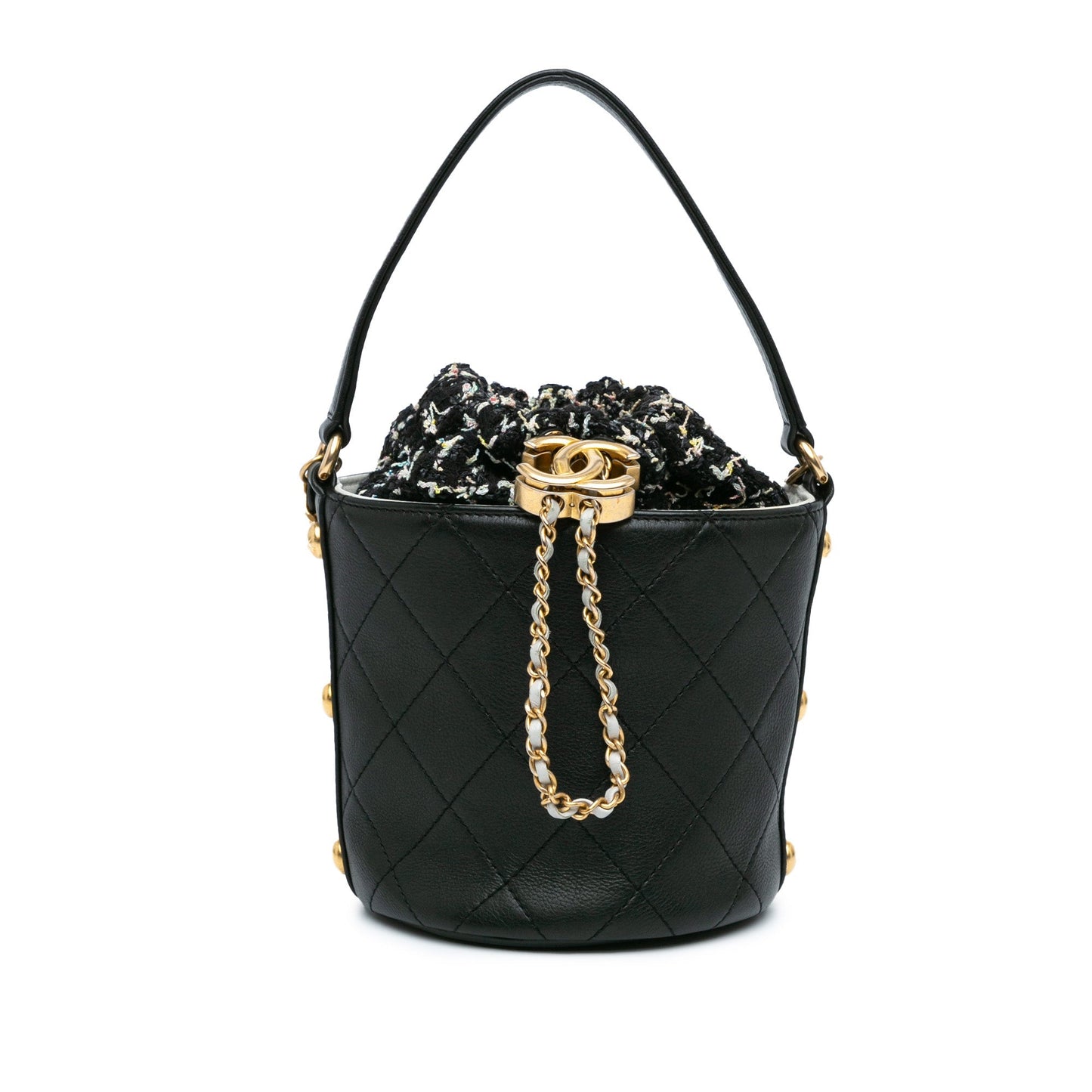 Black Chanel Small CC Calfskin and Tweed Drawstring Bucket Bag Satchel
