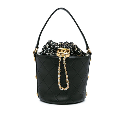 Black Chanel Small CC Calfskin and Tweed Drawstring Bucket Bag Satchel