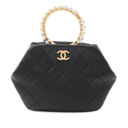 Black Chanel Quilted Lambskin Pearl Crown Handle Clutch Handbag