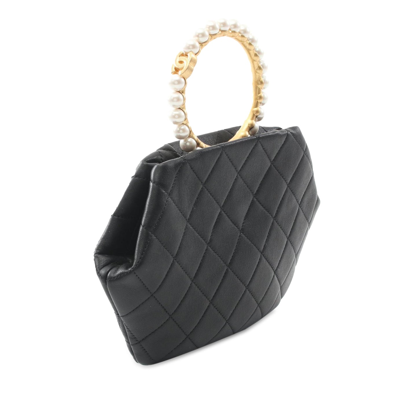 Black Chanel Quilted Lambskin Pearl Crown Handle Clutch Handbag
