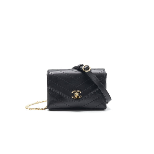 Chanel Calfskin Chevron Leather Chain Waist Bag Black GHW