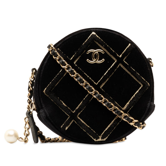 Black Chanel Velvet Pearl Sequin Round Crossbody