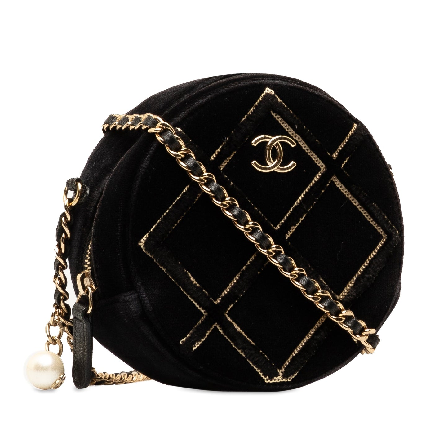 Black Chanel Velvet Pearl Sequin Round Crossbody
