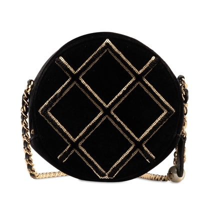 Black Chanel Velvet Pearl Sequin Round Crossbody